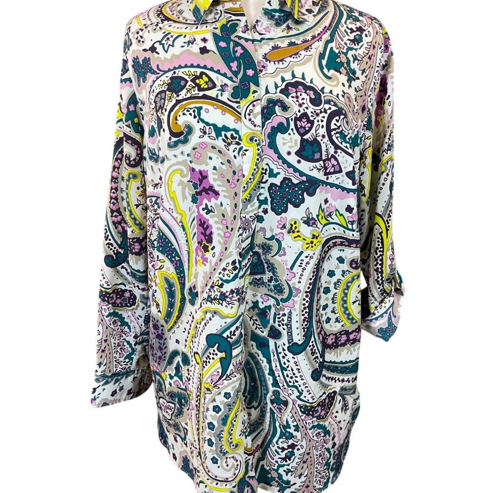 Talbots Roll-Tab Sleeves Hidden Front Button Placket Floral Paisley Blouse X